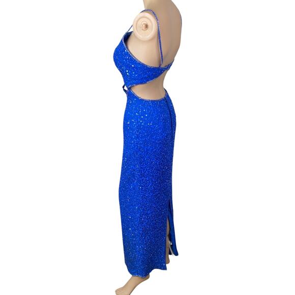 SCALA Vtg Iconic Blue Heavily Beaded Sequin Cut Out Maxi Gown Dress SZ XS - Picture 6 of 9